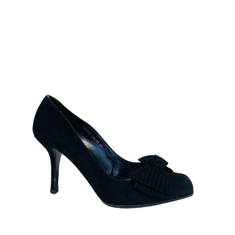 VALENTINO GARAVANI Black Suede Accent Bow Square Toe Heels Pumps Size EU 39 US 9